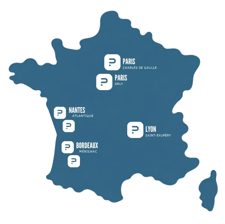 Carte de France des 7 parkings du réseau Solution Parking : Paris Charles de Gaulle, Paris Orly, Nantes Atlantique, Lyon Saint-Exupéry, Bordeaux Mérignac et Toulouse Blagnac