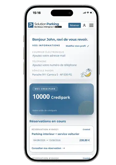 Interface du compte client Solution Parking affichant le solde de 10 000 Credipark et les réservations en cours