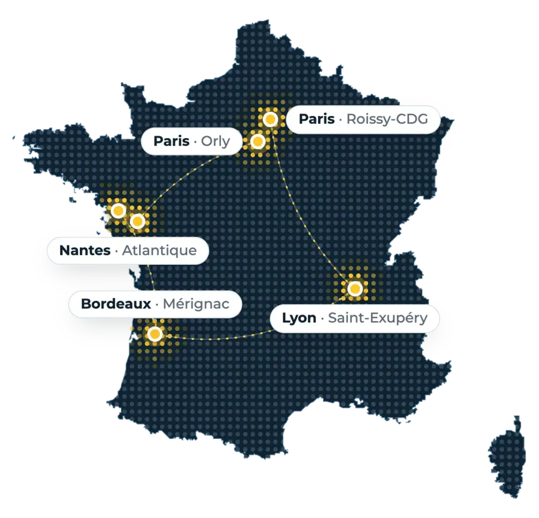 Carte de France des 6 parkings du réseau Solution Parking : Paris Roissy-Charles-de-Gaulle, Paris-Orly, Nantes Atlantique (deux parkings), Lyon Saint-Exupéry et Bordeaux-Mérignac